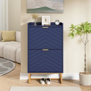 GOOBUY Armoire à Chaussure Inclinable 2 Compartiments Étagère Réglable à 2 Positions Motif en Ligne 50x24x91cm Bleu Marine