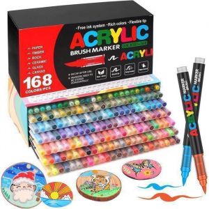 168 Couleurs Feutre Acrylique stylos acryliques &agrave; pointe pinceau pour le coloriage adulte ，Acrylic Paint Markers pour Coloriage