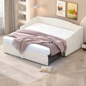 Lit Gigogne - 90/180x200 cm - Extensible Simple-Double - Velours Beige - Sommier à Lattes