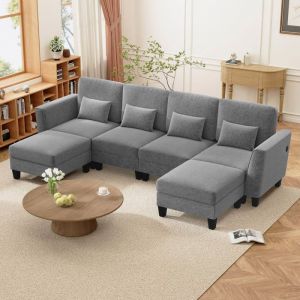Canap&eacute; d&rsquo;Angle Convertible Modulable 4 Places - RELAX4LIFE - Station de Recharge - Tissu Chenille - Repose-Piedset Coussins - Gris