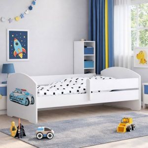 Lit enfant LUK 80&times;160 cm pour gar&ccedil;on avec sommier et barri&egrave;re de s&eacute;curit&eacute; &ndash; motif voiture de police