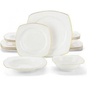 MALACASA Vaisselle Série RAFA-GT 16 Pièces Service Complet de Table en Porcelaine avec bord doré pour 4 Personnes - Blanc