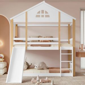 Lit Superposé Enfant 90x200cm Bois Massif Toboggan + Échelle 3 Marches Cabane Sécurisée Blanc/naturel - Sans Matelas