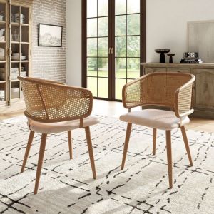 KoDise Lot de 2 chaises en rotin et simili cuir pieds m&eacute;tal aspect bois - beige et marron
