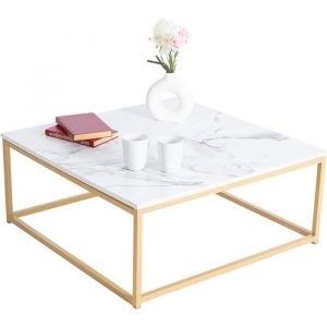 Table basse carr&eacute;e effet marbre structure m&eacute;tal style r&eacute;tro industriel 80 x 80 x 34 cm Blanc + Dor&eacute;. white TABLE BASSE