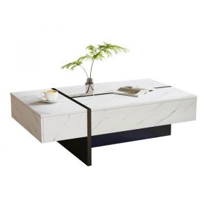 Table basse 105 x 60 x 35 cm LED pilotable via appli 3 tiroirs plateau laqu&eacute; motif marbre panneau de particules blanc