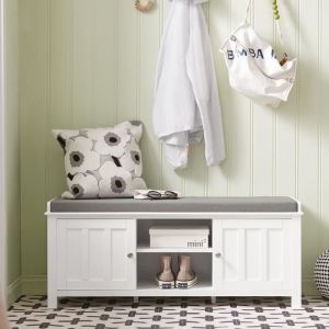 SoBuy Banc De Rangement Pour Chaussures Avec Coussin 2 Compartiments Ouverts Et 2 Portes Commode À Bottes Blanc 105x35x43cm