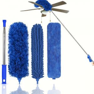 4 Pièces Plumeau Telescopique 24m Tete de Loup Telescopique Poussiere Plumeau Lavable Microfibre avec Tige Télescopique Chiffon