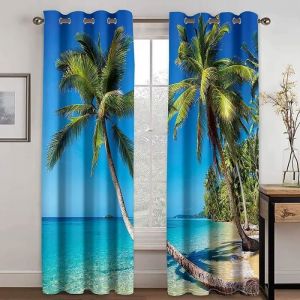 Rideaux Occultants - [MARQUE] - Imprimé Cocotiers et Plage Bleu Vert - Isolation Thermique - 80x160CM