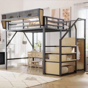 Lit mezzanine adulte m&eacute;tal 140x200 cm Lit enfant Lit loft avec &eacute;chelle de rangement armoire &eacute;tag&egrave;res et sommiers &agrave; lattes - noir