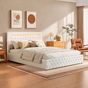 Cadre de lit à LED avec lumières LED lit capitonne coffre 140x200 avec rangement relevable lit adolescent avec rangement PU