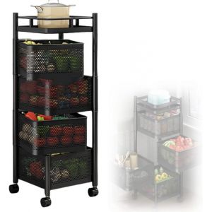 Desserte de cuisine &agrave; roulettes &agrave; 4 niveauxdesserte &agrave; roulettes 3 &eacute;tagesChariot en m&eacute;talPanier tournantnoir 28x28x54cm