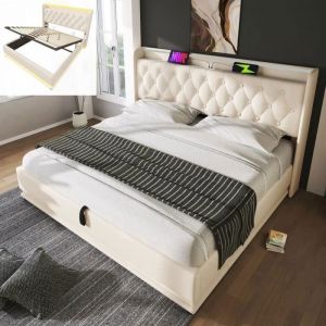 Lit coffre double - Blanc - 160x200 cm - Tête de lit capitonnée - Éclairage LED - USB Type-C