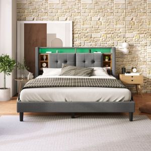 Lit Double 160x200 gris double rembourr&eacute; avec t&ecirc;te de lit coffre recharge USB &eacute;clairage LED sommier lattes bois  - sans Matelas