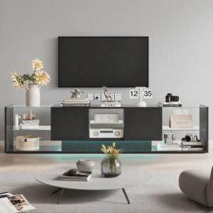 Meuble TV noir brillant avec &eacute;clairage LED Moderne meuble tele avec 2 tiroirs et &eacute;tag&egrave;res en verre pour salon chambre 200x35x45cm