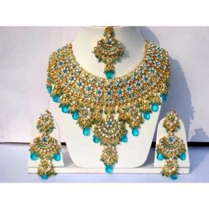 Parure Bijoux indienne Bollywood dor&eacute; bleu turquoise