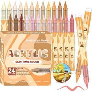 Feutre Acrylique Brush Marker &ndash; Set de 24 Couleurs Teintes Peau Marqueur Peinture Acrylique &agrave; Pointe Pinceau pour Coloriage Adulte