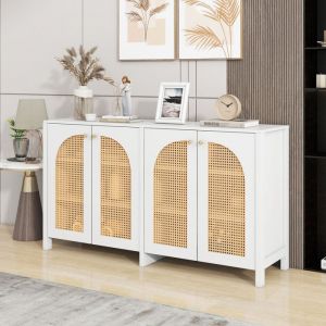 Buffet moderne - 4 portes - &Eacute;tag&egrave;re r&eacute;glable - 145x80x40 cm - Blanc - MDF et rotin PE