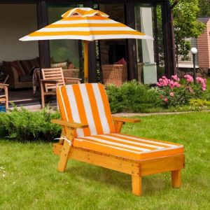 COSTWAY Chaise Longue en Bois avec Parasol Amovible Coussin Lavable 92 x 49 x 106CM Charge Max 50KG Rayures pour Enfants 3-8 Ans