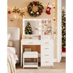 Coiffeuse avec 10 Globes Lumineux LED 3 Couleurs Coiffeuse avec Prise et Grand MiroirTabouret et Support pour S&egrave;che-CheveuxBlanc