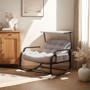 Chaise à bascule Fauteuil à bascule avec toit pare-soleil et repose-pieds pliable élégant en rotin et cadre en acier Gris