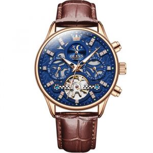 SHARPHY Montre homme mécanique automatique multifonction étanche cadran squelette bracelet en cuir de marque bleu luxe