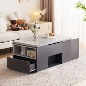 Table basse relevable - Table Pratique Avec Rangement Spacieux 3 Tiroirs Et 2 Compartiments Bois Blanc + Gris 100×51×47 cm