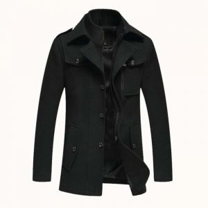 Manteau Homme en Laine Chaud Court Epais Fit Business Hiver Trench-Coat avec Un Col Accessoire Caban Manteau Jacket XHY592 Noir
