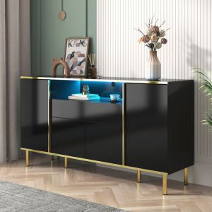 SOMUBI Buffet moderne avec éclairage LED Buffet bas commode noir brillant 4 portes et 1 tiroir 150 x 40 x 80 cm