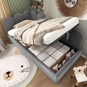 Lit coffre 90x190 cm canap&eacute;-lit rangement hydraulique lattes m&eacute;tal velours gris