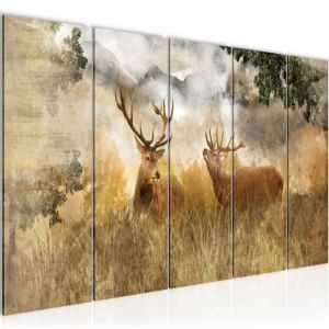 Runa art Tableau Décoration Murale Cerf Nature 200x80 cm - 5 Panneaux Deco Toile Prêt à Accrocher 011455a