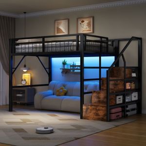 Lit mezzanine 140x200 cm lit adulte avec LED pilotable par application escalier avec rangements m&eacute;tal noir