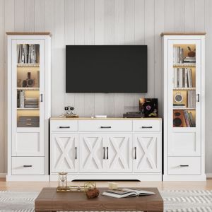 Ensemble de salon Vitrines LED 50x35x178 cm Buffet de salle &agrave; manger 160x37x75 cm Buffet bas blanc avec d&eacute;coration