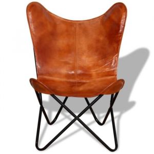 Fauteuil papillon en cuir v&eacute;ritable marron - ARAMOX - 74 x 66 x 90 cm - style r&eacute;tro