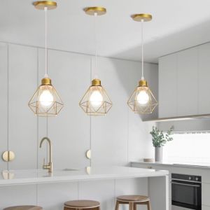 Lot de 3 Suspension Luminaire Industriel TOKIUS Lustre Abat-jour Vintage Design Cage M&eacute;tal &Oslash;160mm &eacute;clairage Plafond 40W Dor&eacute;