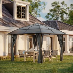 Tonnelle de jardin Pergola aluminium toit polycarbonate imperm&eacute;able UV 60+ parois lat&eacute;raux 3 x 3 m gris fonc&eacute;