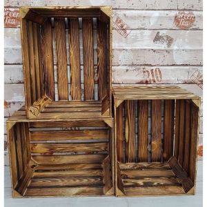 Lot de 3 caisses &agrave; fruits vintage en bois massif et solide pour d&eacute;coration dint&eacute;rieur couleur Effet br&ucirc;l&eacute;