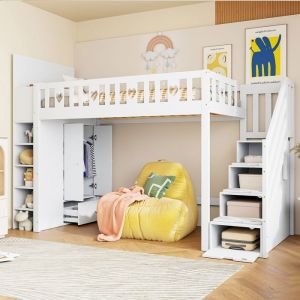 lit mezzanine 90x200 structure bois escalier rangements int&eacute;gr&eacute;s garde-corps s&eacute;curit&eacute; renforc&eacute;e