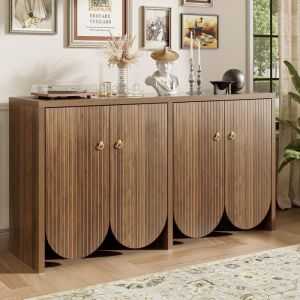 Buffet bas bois 147×40×80 cm Meuble de rangement salon avec 4 portes étagères réglables poignées métal - noyer