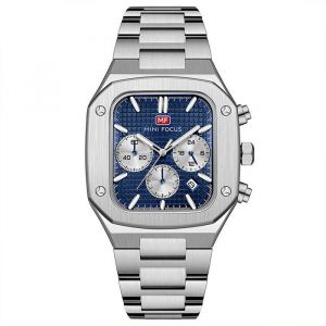 Montre homme quartz cadran rectangulaire bleue argent élégant cool classique multifonction chronographes affichage du calendrier