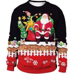 Pull de Noel Imprim&eacute; Homme-Femme - INSFITY - Noir rouge - Col arrondi - Automne Hiver