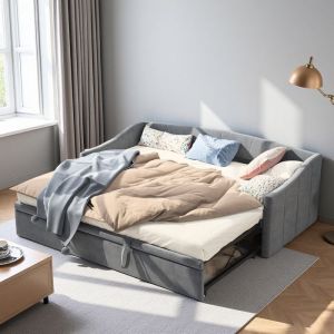 Lit Banquette 90/180x200 Canap&eacute; Lit 2 places Convertible Lit Gigogne avec Sommier Lit Simple/Double Lit Rembourr&eacute; Velours Gris