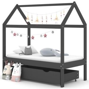 Lit bébé style cabane - JILL Cadre de lit denfant - avec un tiroir Gris foncé Pin 70x140 cm FRT105D4