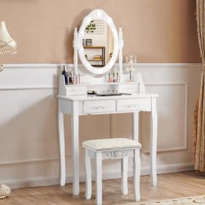 COSTWAY CoiffeuseTable de Maquillage avec Miroir Oval et 10 Ampoules LED à Intensité Variable 4 Tiroirs 1 Tabouret Blanche