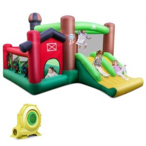 COSTWAY Ch&acirc;teau Gonflable Enfant 6-en-1 Th&egrave;me Ferme avec Soufflerie 680W Trampoline Double Toboggan 3 Fosses &agrave; BoulesJeu de Tir