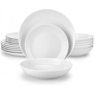 MALACASA Vaisselle AMELIA Service Complet de Table 18 pi&egrave;ces Rond Premium en Porcelaine avec pour 6 personnes - Blanc