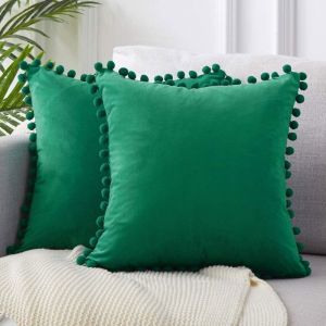 Lot de 2 coussin de Velours avec des pompons de couleur unie couvre décoratifs housse de coussin coussin de siège coussin jeter