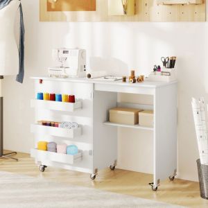 Table de Couture Pliante - RELAX4LIFE - Grand Plateau - 3 Compartiments - Étagère de Rangement - 5 Roulettes 360° - Blanc