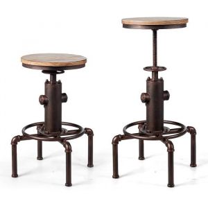 LIFEZEAL Tabouret de Bar Industriel Hauteur R&eacute;glable  Tabouret Rond Pivotant 360&deg; avec Repose-Pieds Si&egrave;ge en Pin 33x33CM Bronze