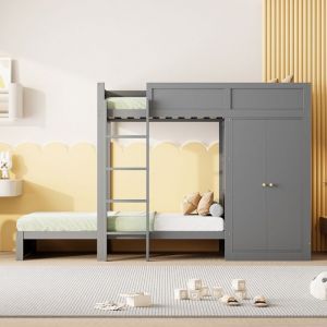 Lit superposé - Gris - 90x200 cm - Armoire intégrée - Escalier de sécurité - 2 places